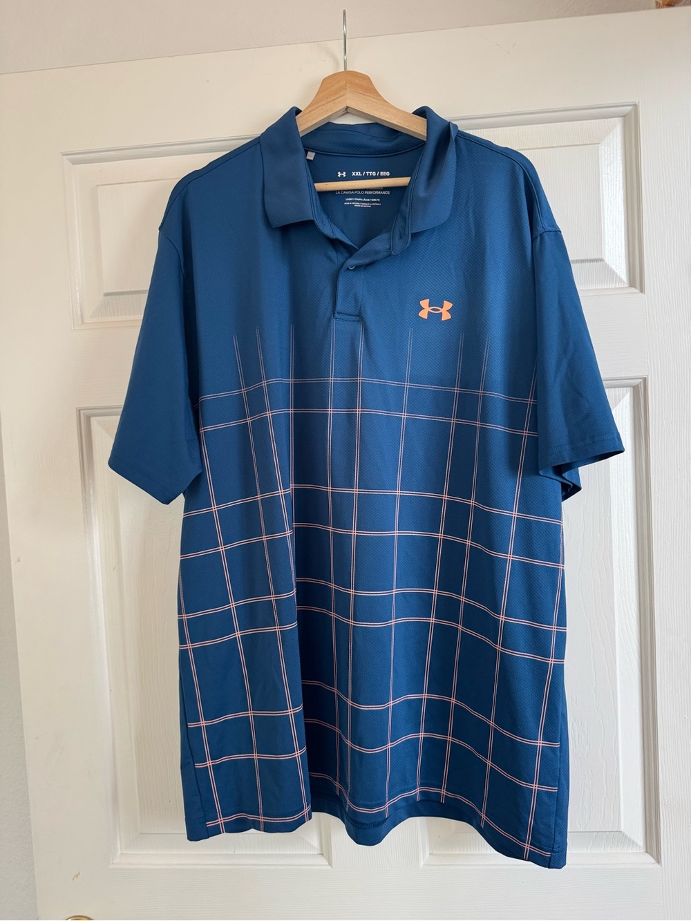 Under Armour Men’s Blue Polo with Pink Grid Detail